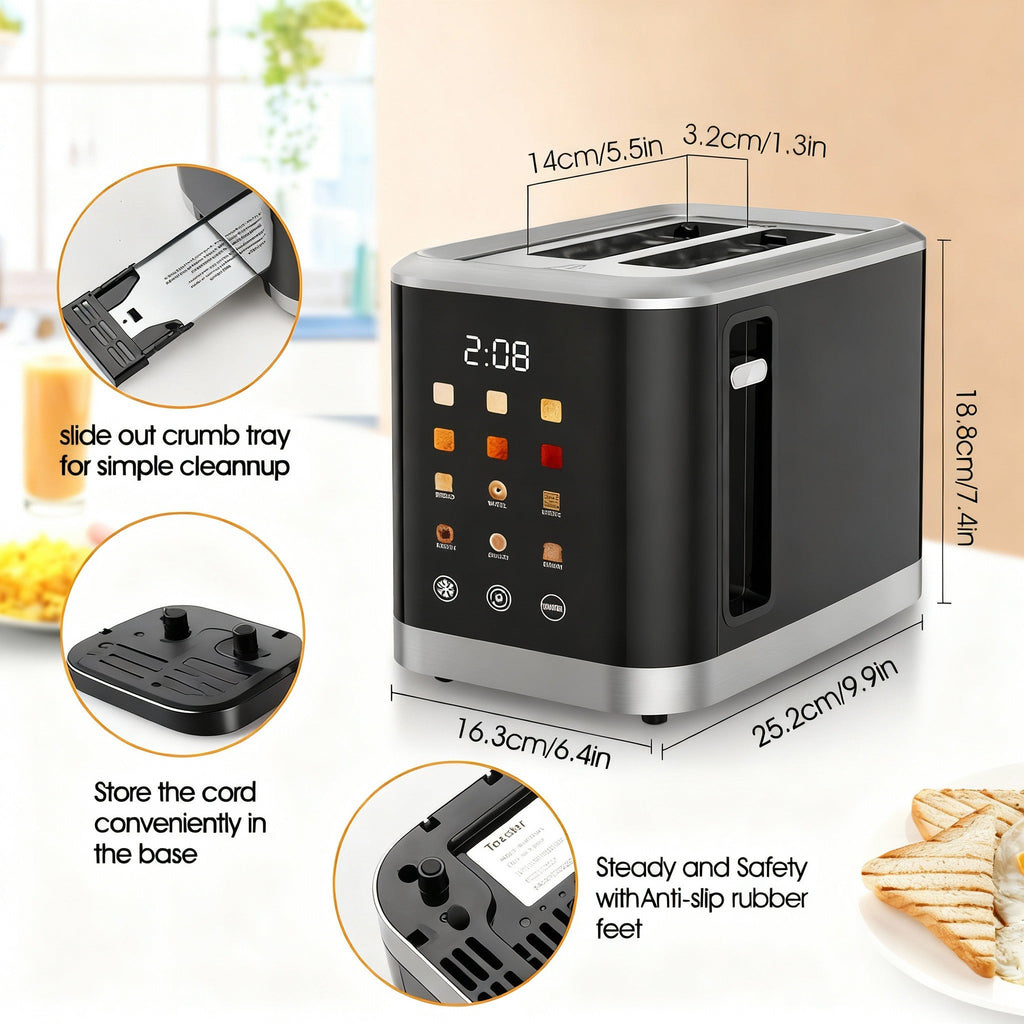 2-Slice Smart Toaster with LED Display – 8 Preset Modes, Defrost/Reheat/Cancel, Wide Slots & Removable Crumb Tray