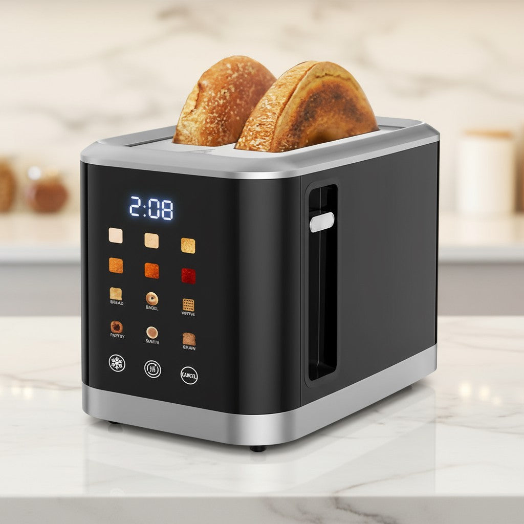 2-Slice Smart Toaster with LED Display – 8 Preset Modes, Defrost/Reheat/Cancel, Wide Slots & Removable Crumb Tray