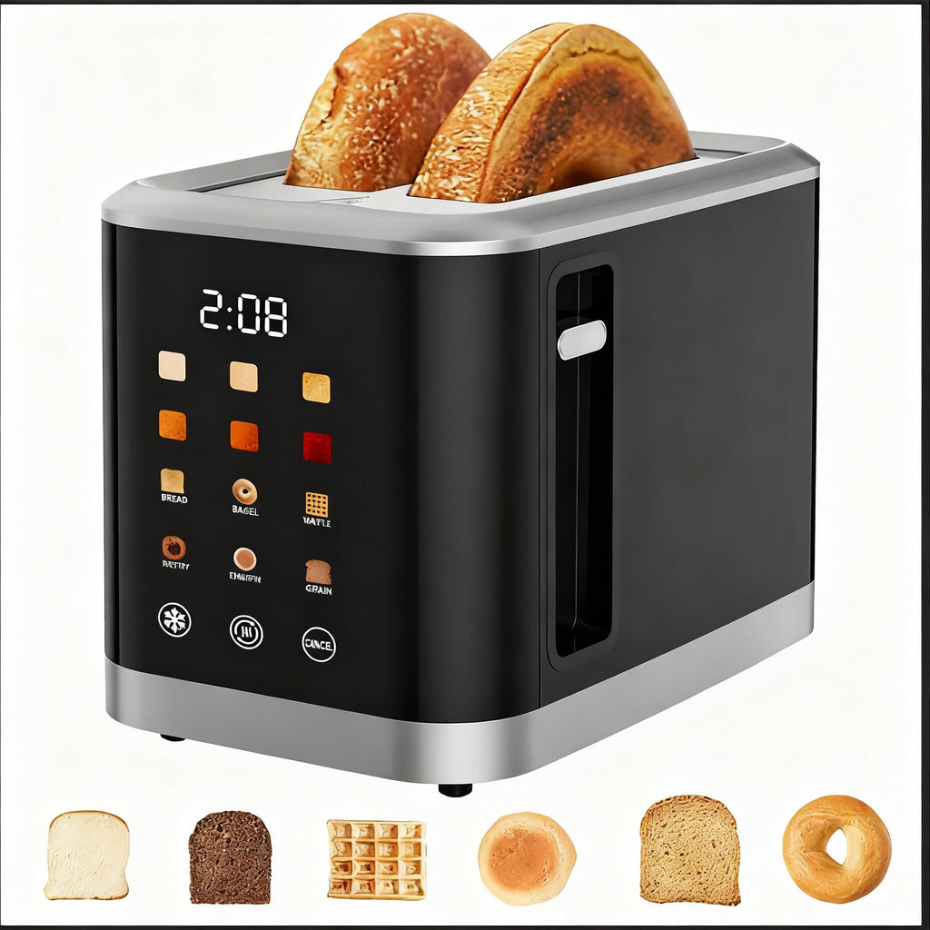 2-Slice Smart Toaster with LED Display – 8 Preset Modes, Defrost/Reheat/Cancel, Wide Slots & Removable Crumb Tray