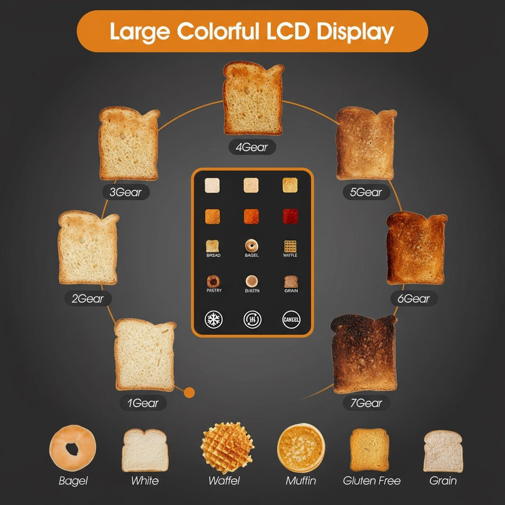 2-Slice Smart Toaster with LED Display – 8 Preset Modes, Defrost/Reheat/Cancel, Wide Slots & Removable Crumb Tray
