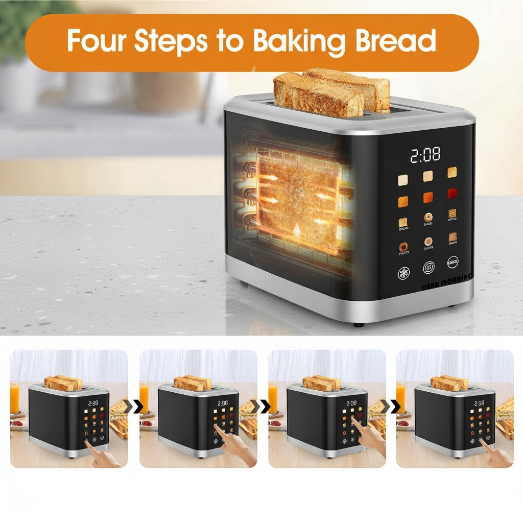 2-Slice Smart Toaster with LED Display – 8 Preset Modes, Defrost/Reheat/Cancel, Wide Slots & Removable Crumb Tray