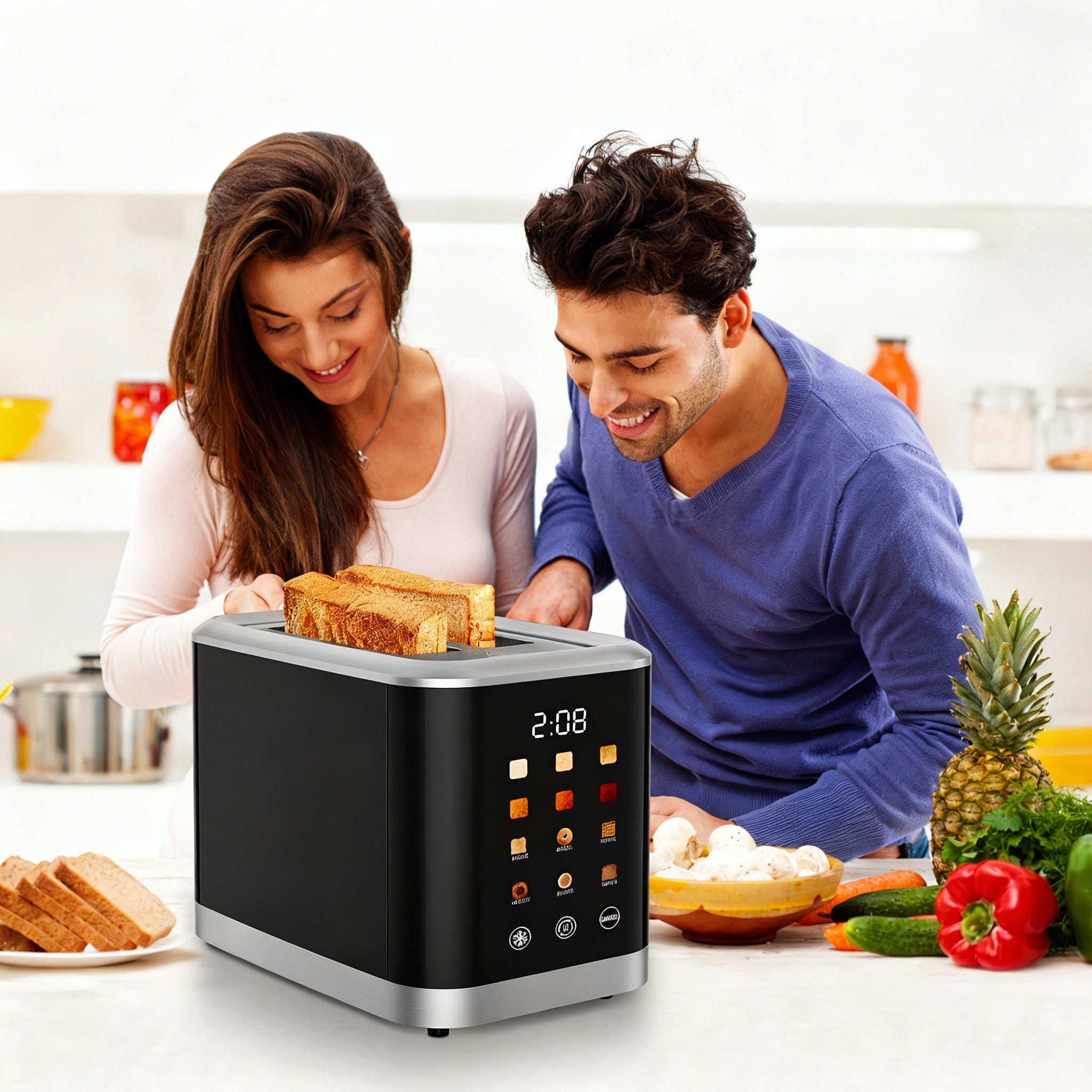 2-Slice Smart Toaster with LED Display – 8 Preset Modes, Defrost/Reheat/Cancel, Wide Slots & Removable Crumb Tray