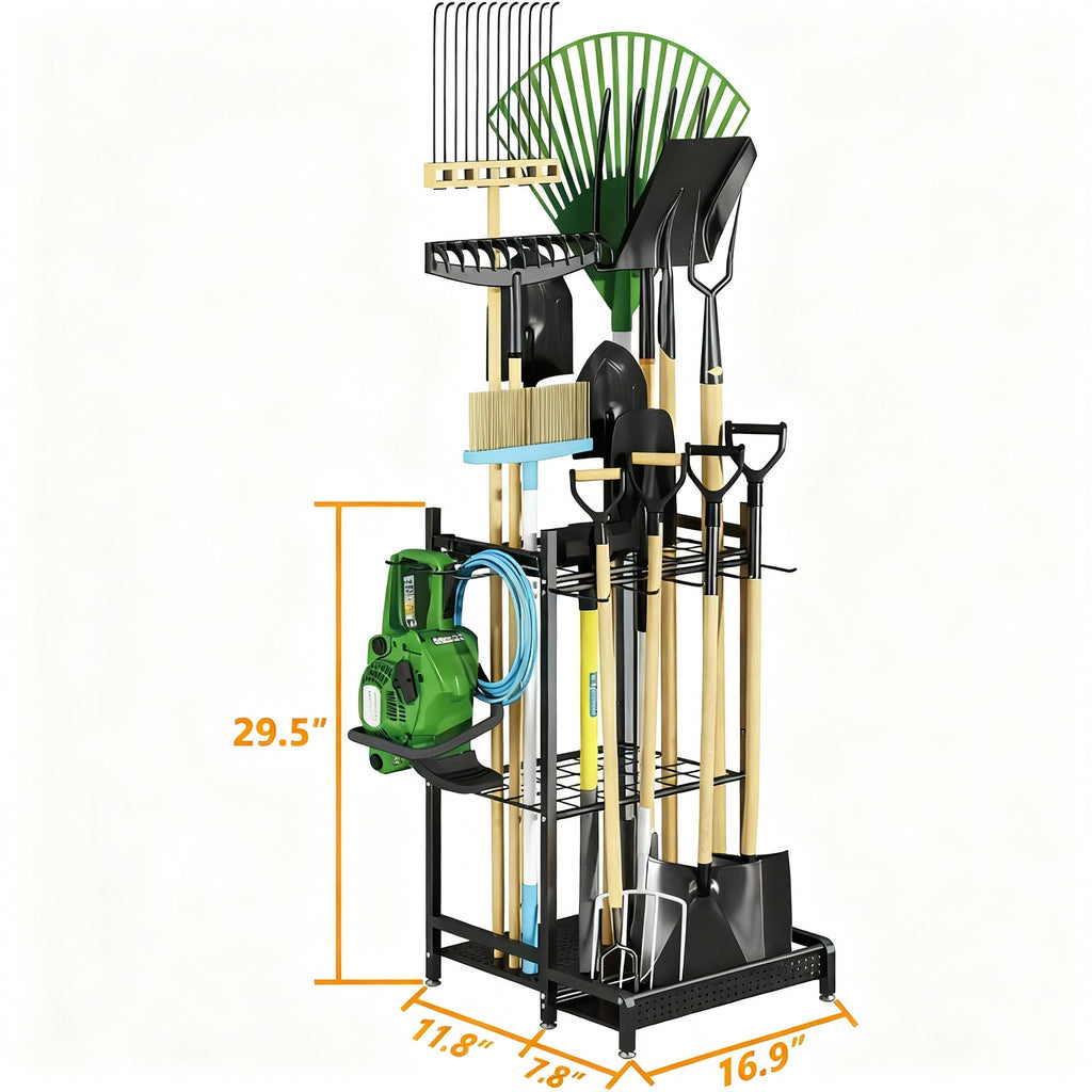 Heavy-Duty Garden Tool Organizer Rack for Garage & Yard – Metal Utility Storage Stand with Hooks for Rakes, Shovels, Brooms & Long-Handled Tools (Black)