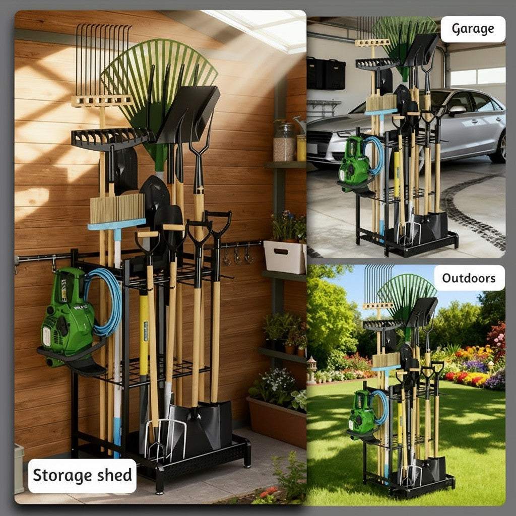 Heavy-Duty Garden Tool Organizer Rack for Garage & Yard – Metal Utility Storage Stand with Hooks for Rakes, Shovels, Brooms & Long-Handled Tools (Black)