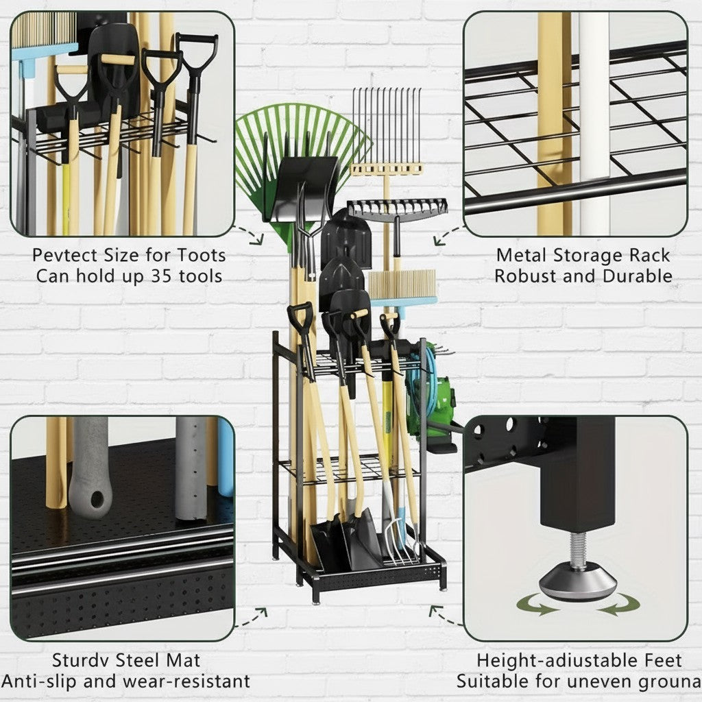 Heavy-Duty Garden Tool Organizer Rack for Garage & Yard – Metal Utility Storage Stand with Hooks for Rakes, Shovels, Brooms & Long-Handled Tools (Black)