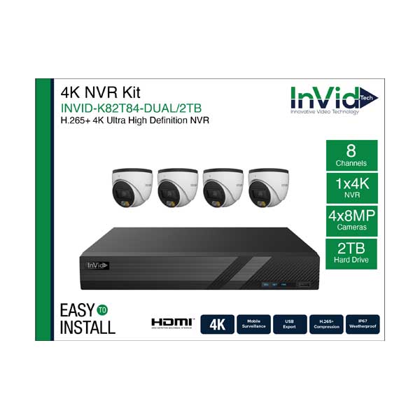 InVid Tech INVID-K82T84-DUAL 8-Channel Protect 2TB NVR Kit with 4x 8MP 2.8mm Turret Cameras and 100' Cables