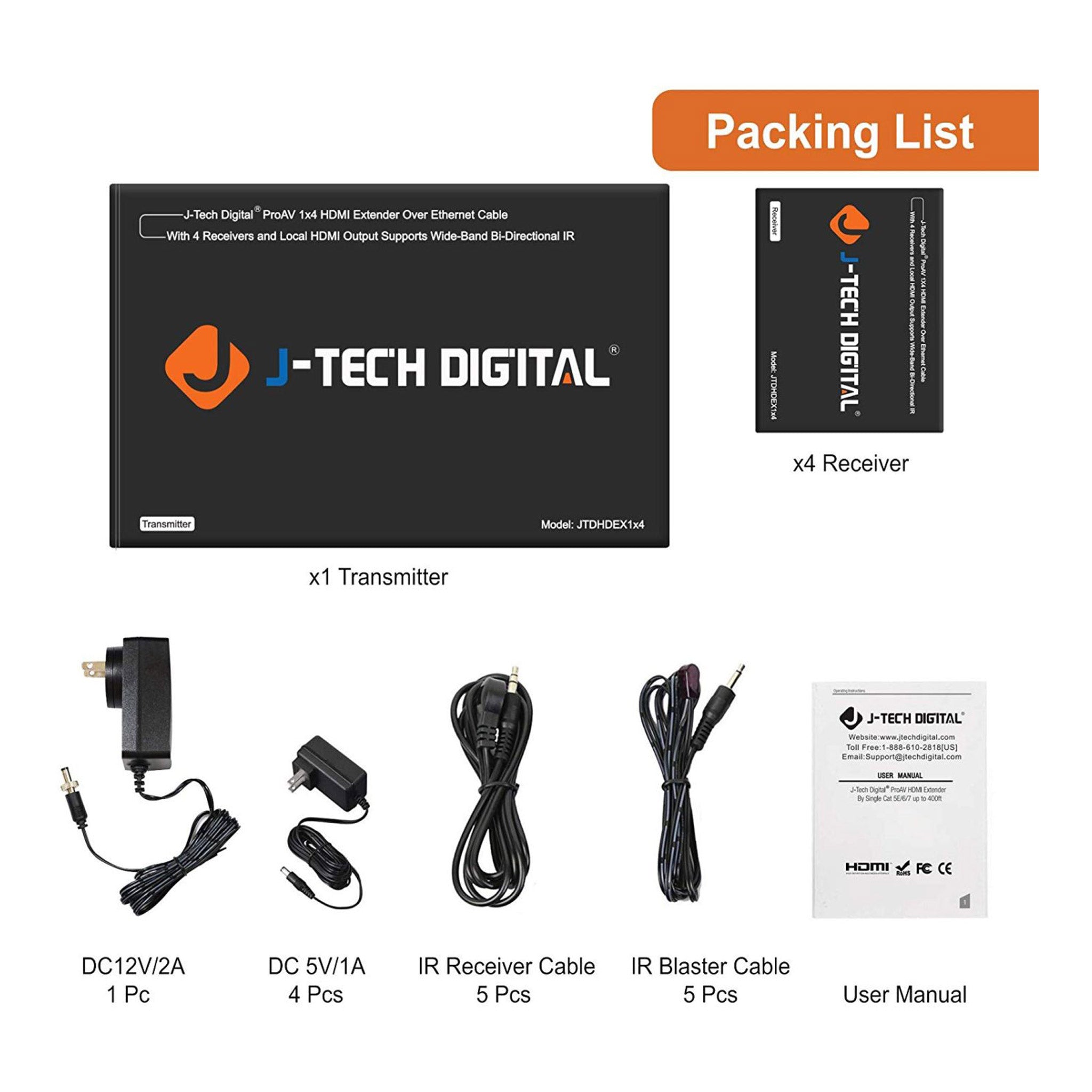 J-Tech Digital JTDHDEX1x4 HDMI 1x4 Extender 1080p 164ft with 4 Receivers