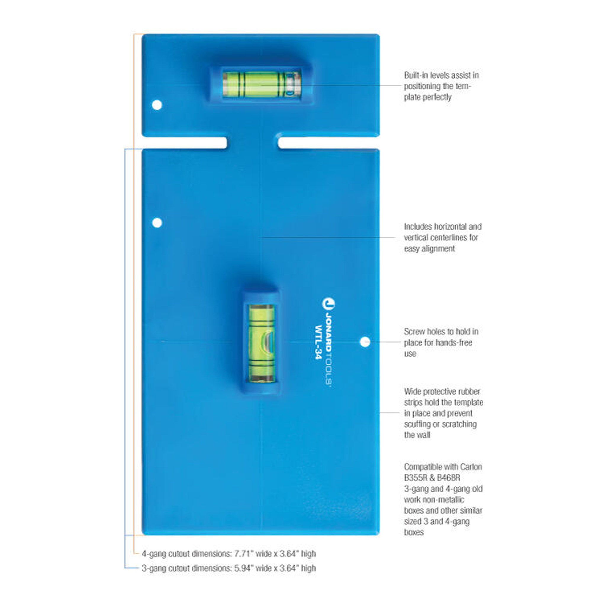 Jonard Tools WTL-34 3-Gang and 4-Gang Wall Box Template & Level for Non-Metallic Boxes