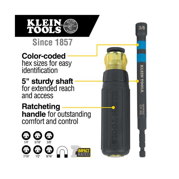 Klein Tools 6-Piece Hollow Magnetic Color-Coded Ratcheting Power Nut Drivers (32950)