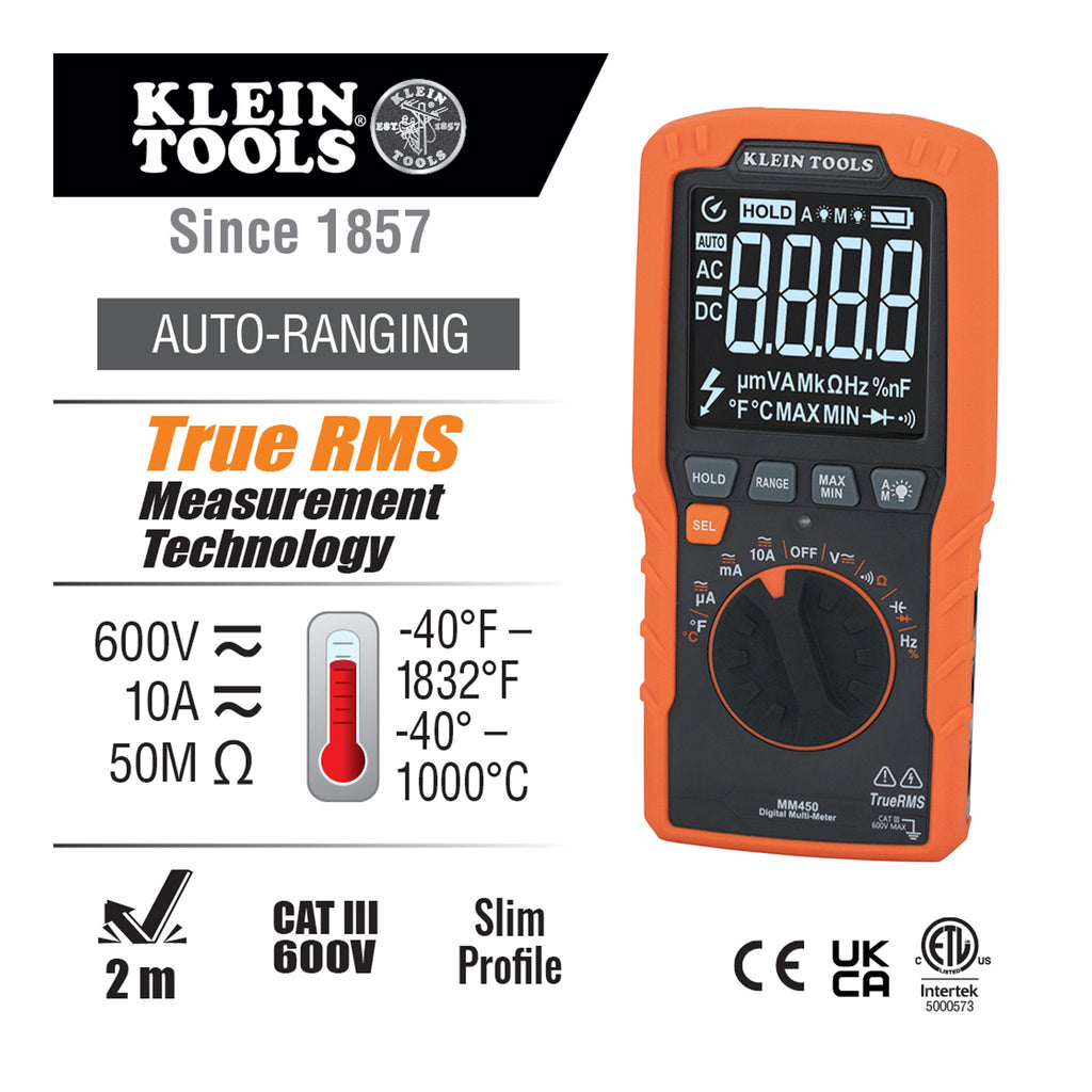 Klein Tools MM450 600V Temp TRMS Auto-Ranging Slim Digital Multimeter