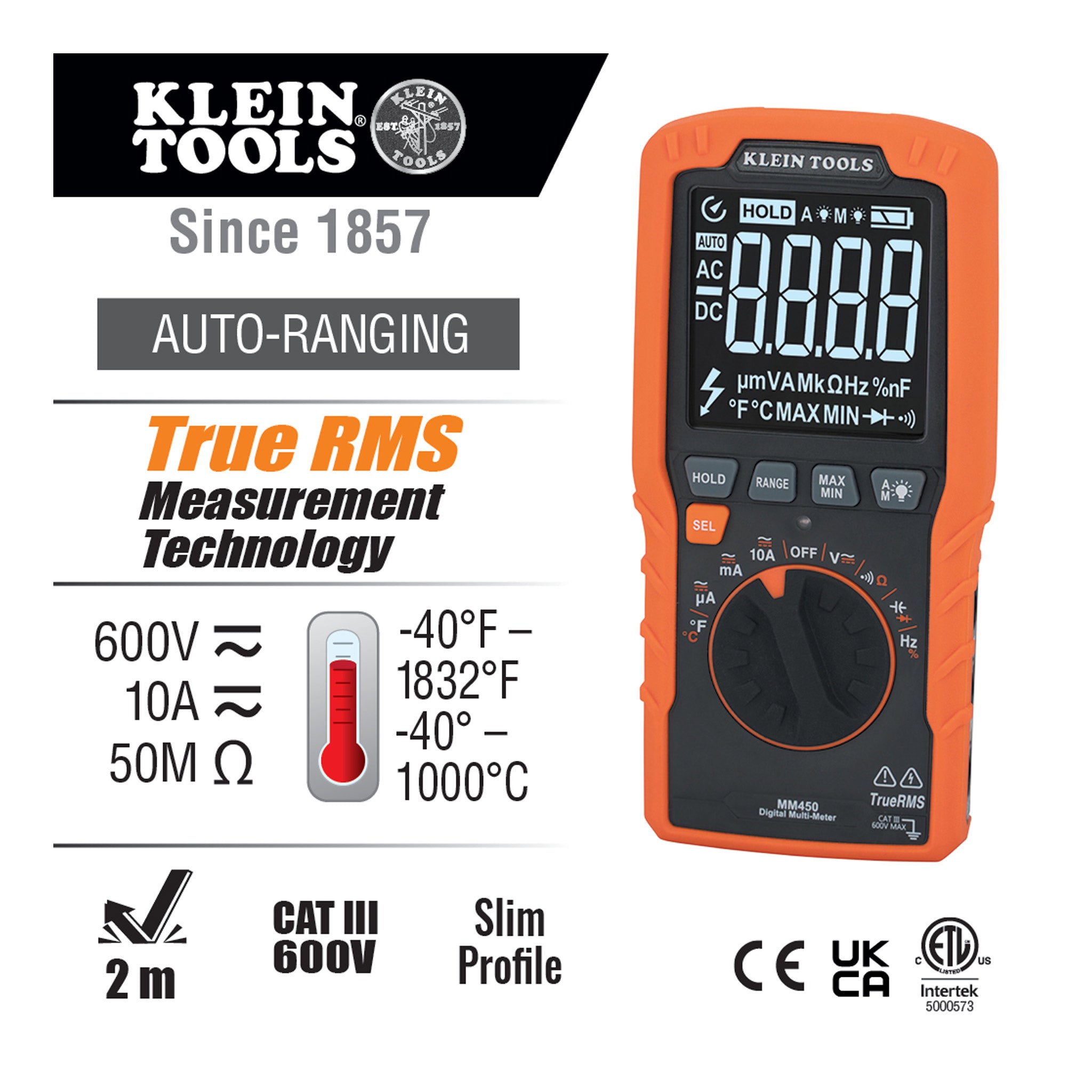 Klein Tools MM450 600V Temp TRMS Auto-Ranging Slim Digital Multimeter