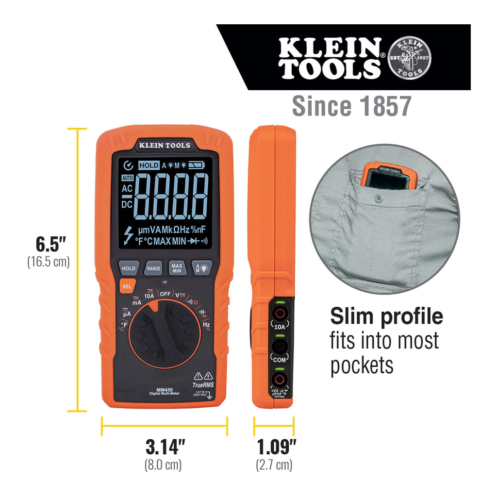 Klein Tools MM450 600V Temp TRMS Auto-Ranging Slim Digital Multimeter