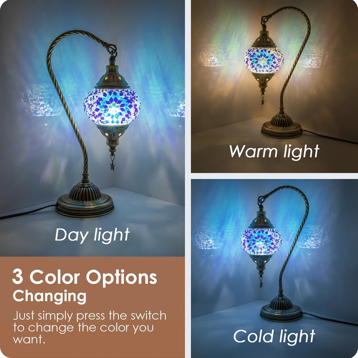 Handmade Turkish Moroccan Mosaic Glass Bedside Lamp with Bronze Finish