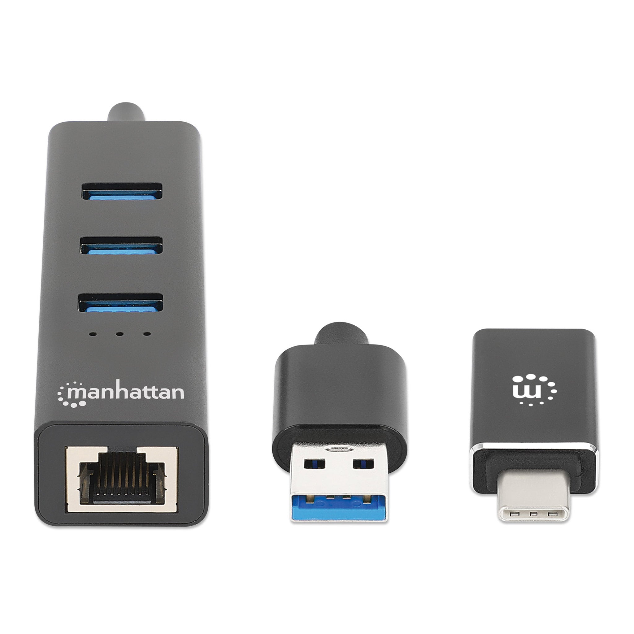 Manhattan 180894 3-Port USB 3.0 Type-C/A Combo Hub with Gigabit Ethernet Network Adapter