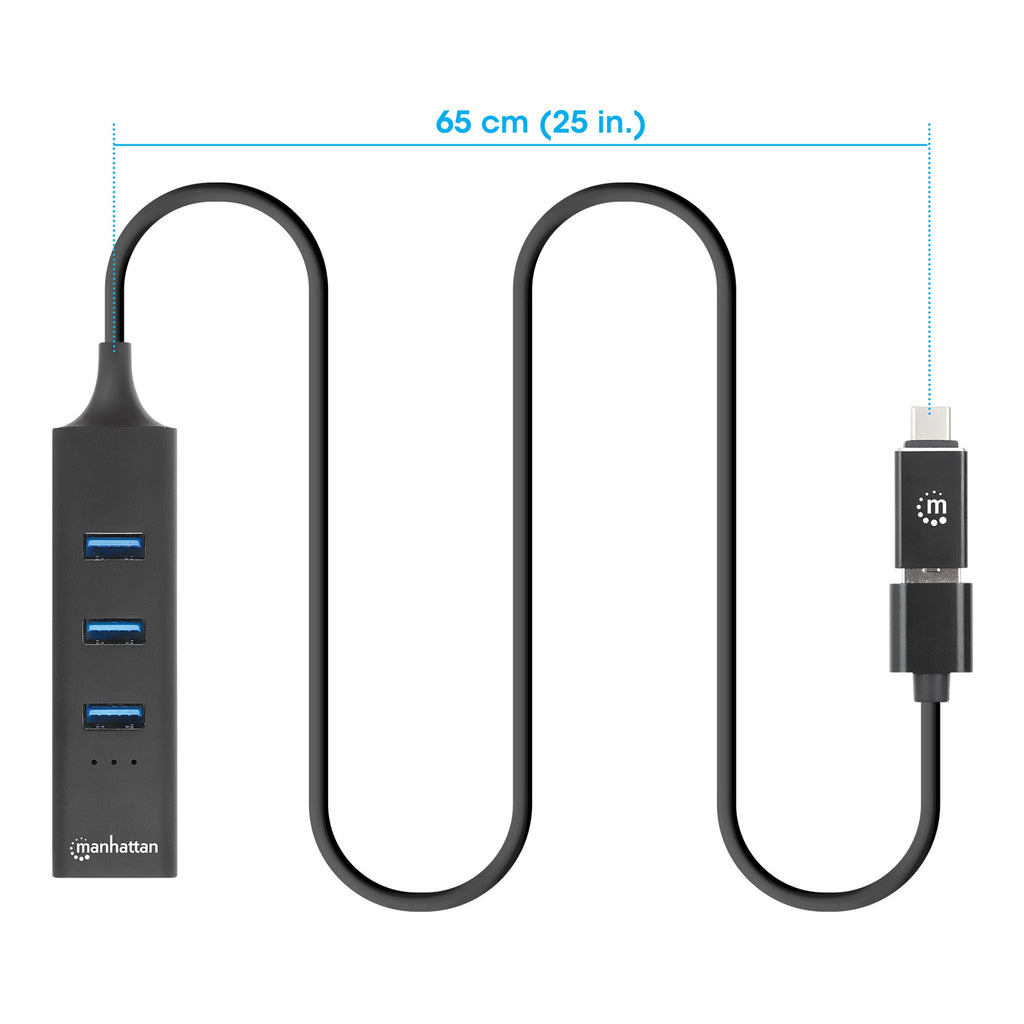 Manhattan 180894 3-Port USB 3.0 Type-C/A Combo Hub with Gigabit Ethernet Network Adapter