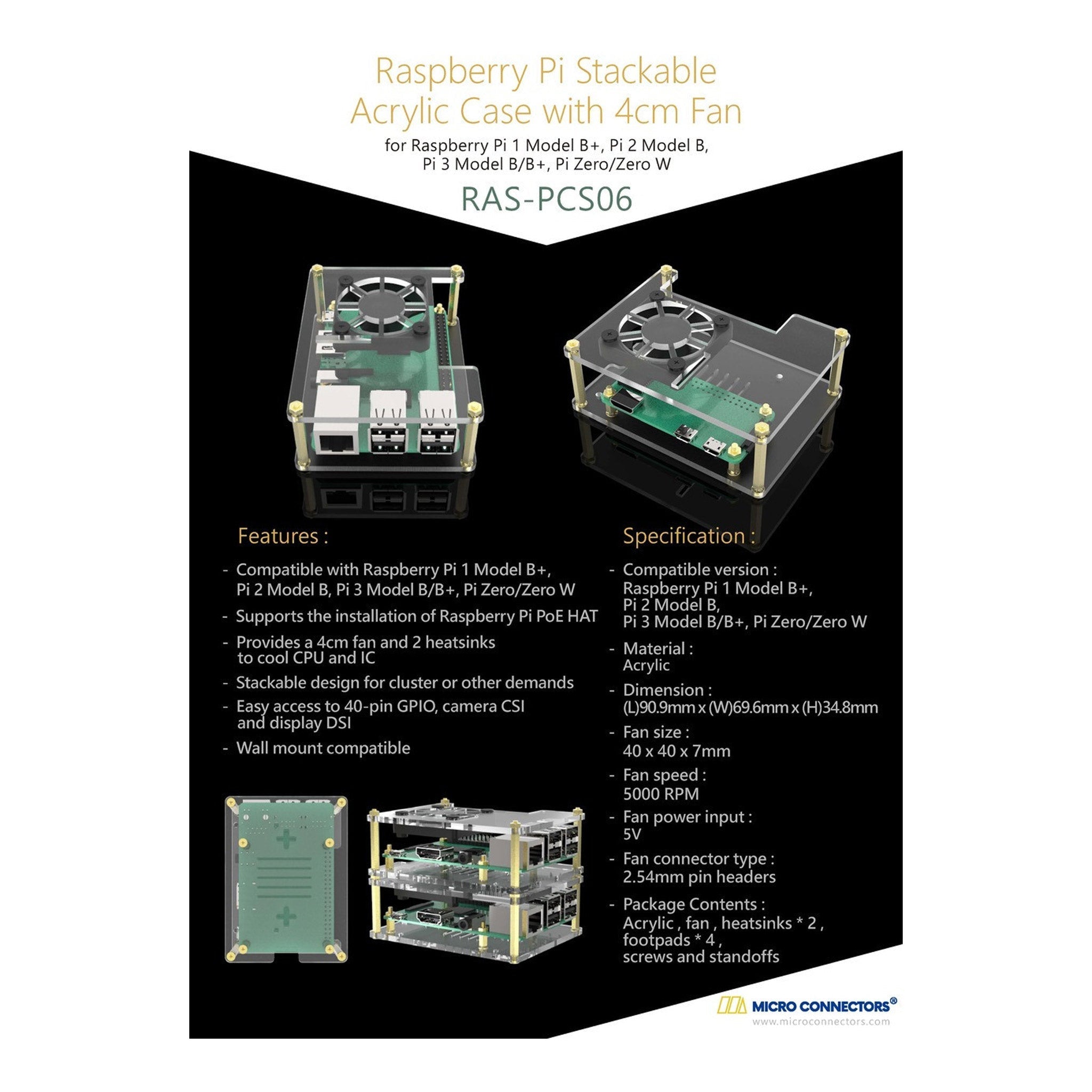 Micro Connectors RAS-PCS06 Acrylic Stackable Raspberry Pi 5, Pi 4 & Pi 3 Case with Fan