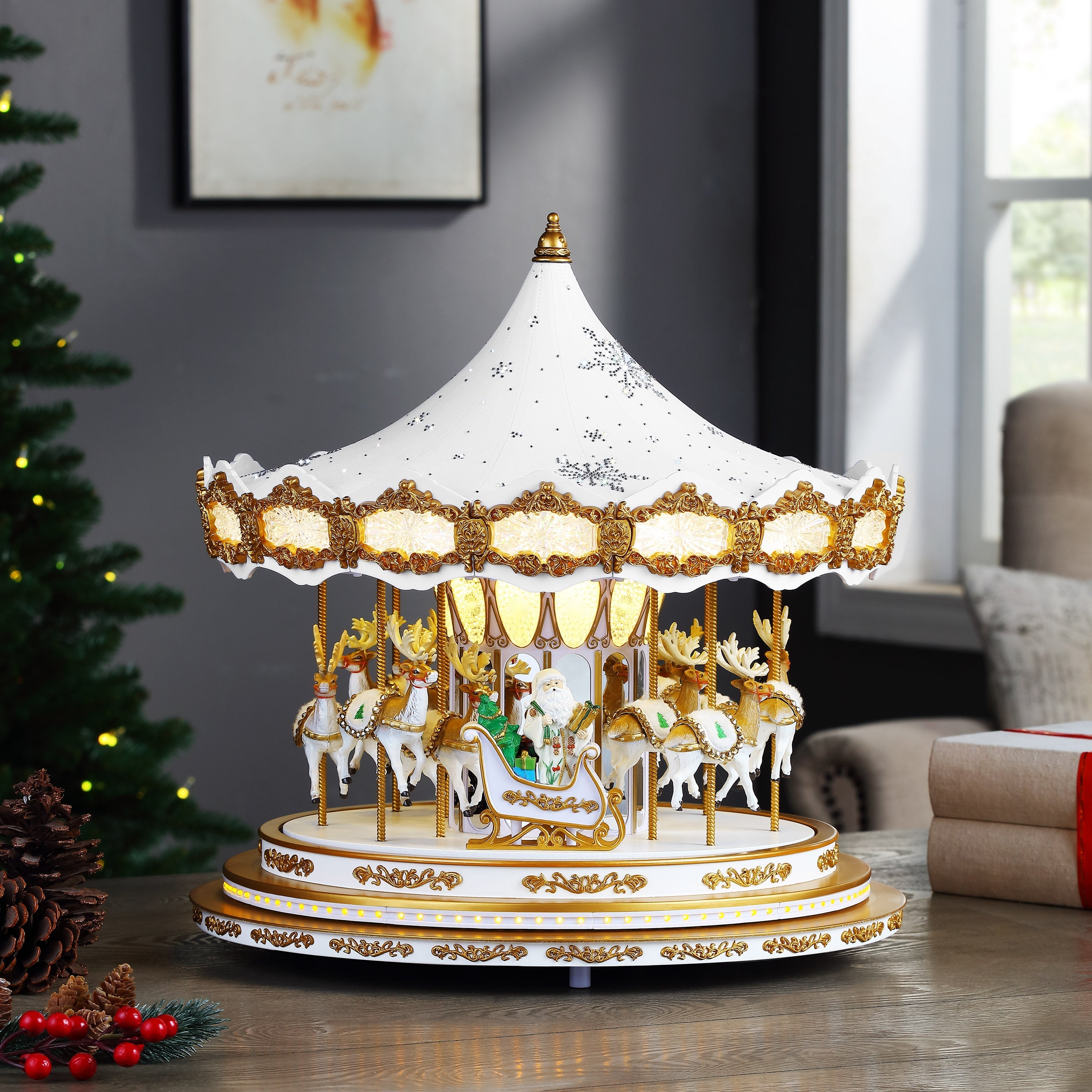 17 in. Animated Snowflake Crystal Carousel - White