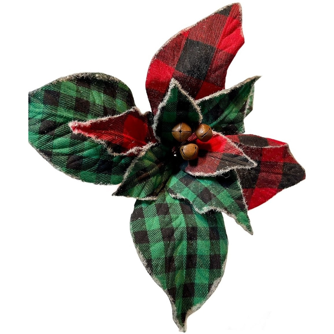 4 Buffalo Red/Green Plaid Poinsettias w/Bells