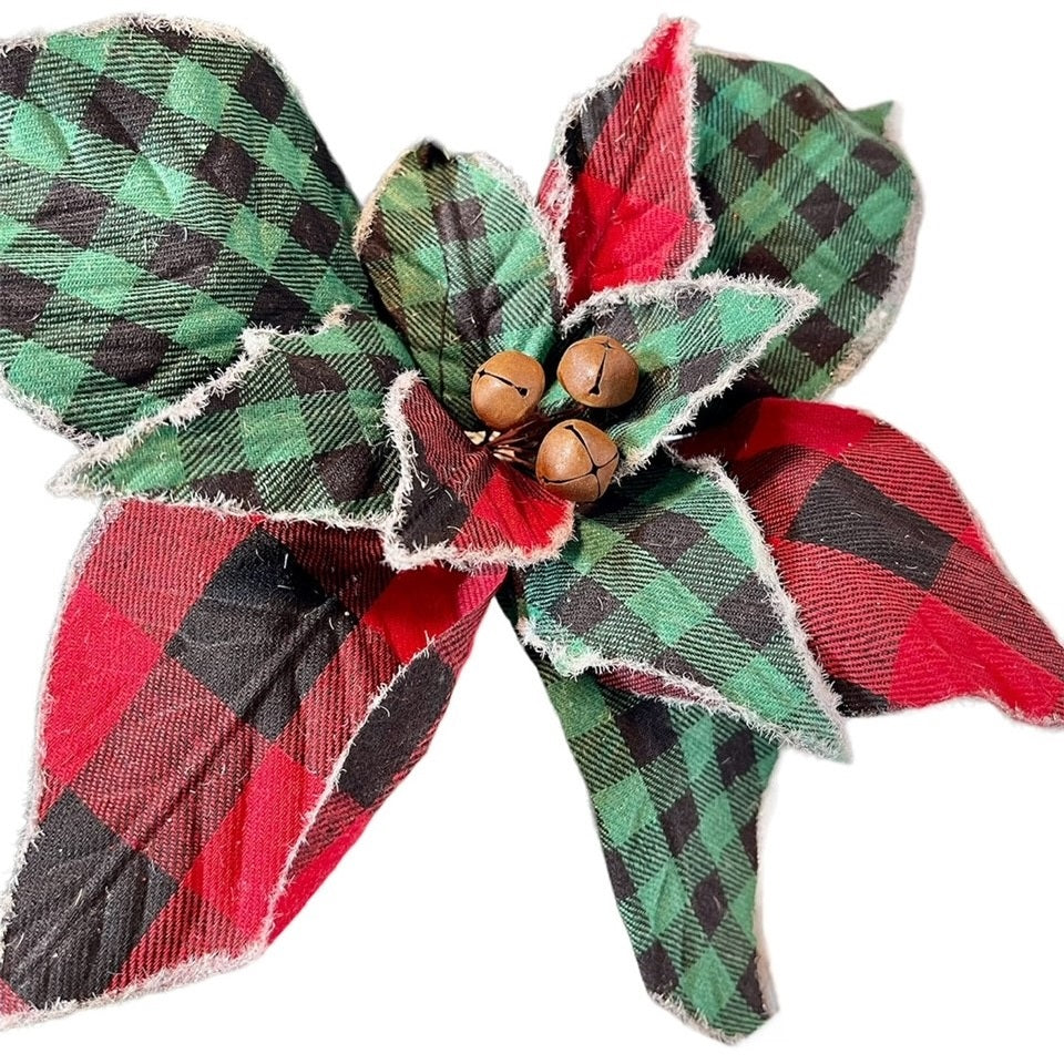 4 Buffalo Red/Green Plaid Poinsettias w/Bells