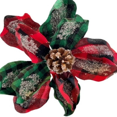 4 Buffalo Red/Green Plaid Poinsettias w/Pinecone