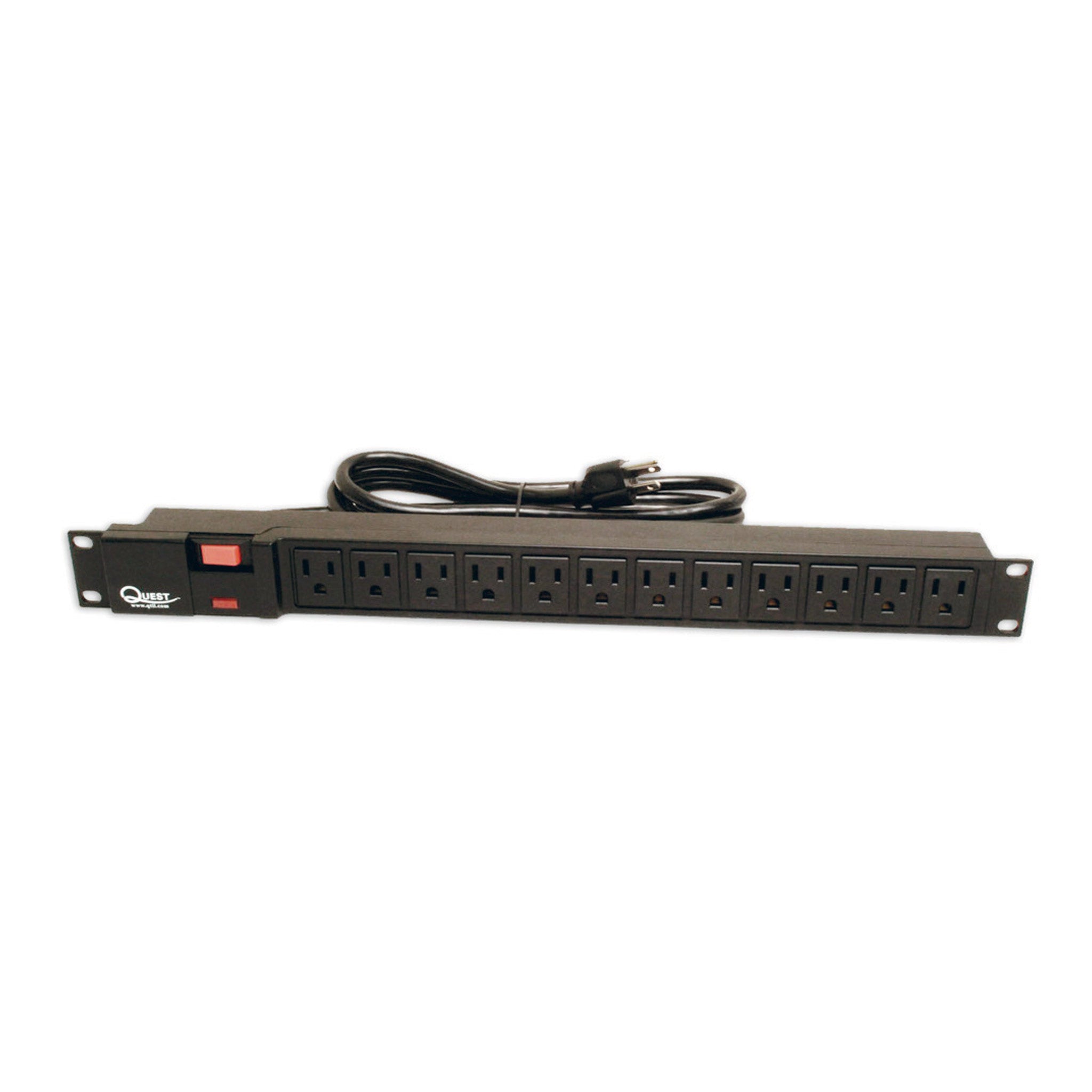 Quest Manufacturing HPS-12 12-Outlet 1U 19" 120V 15A Horizontal Rack Mount Surge Strip - Black