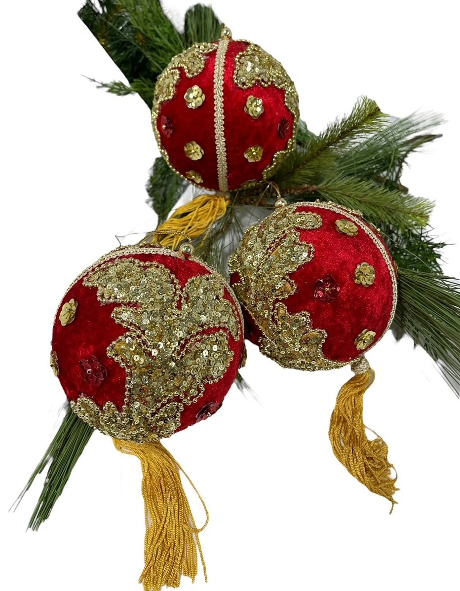 3 - Red w/Gold Sequin Ball Ornaments