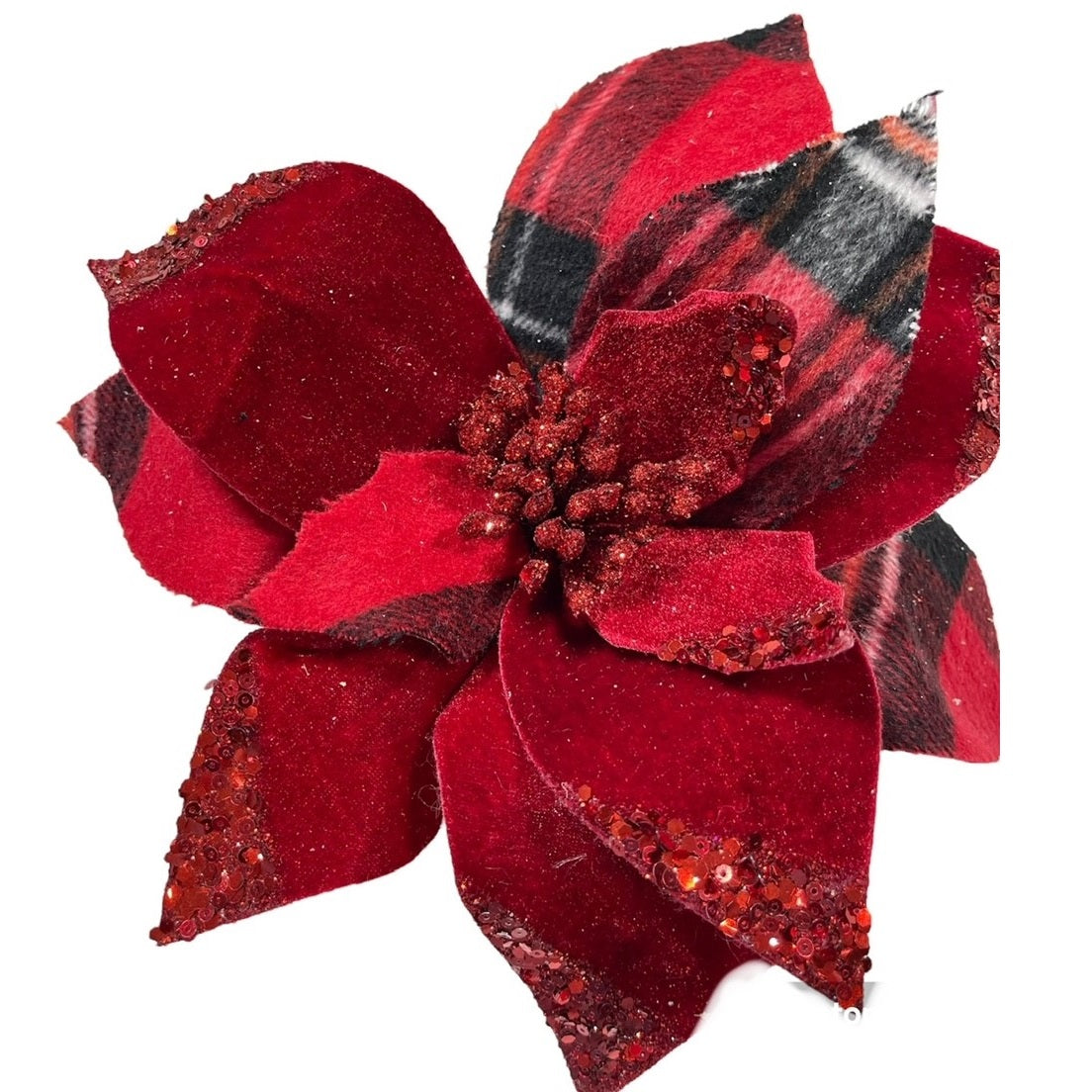 5 Red Velvet Tipped Sequins and Plaid Poinsettia