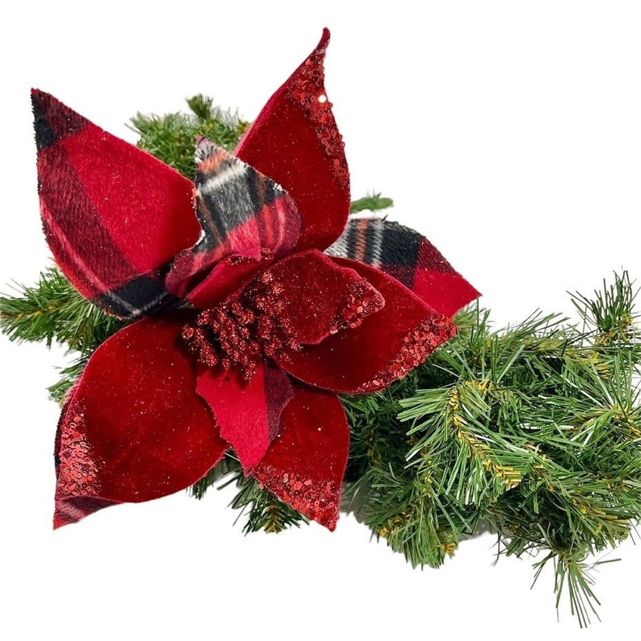 5 Red Velvet Tipped Sequins and Plaid Poinsettia