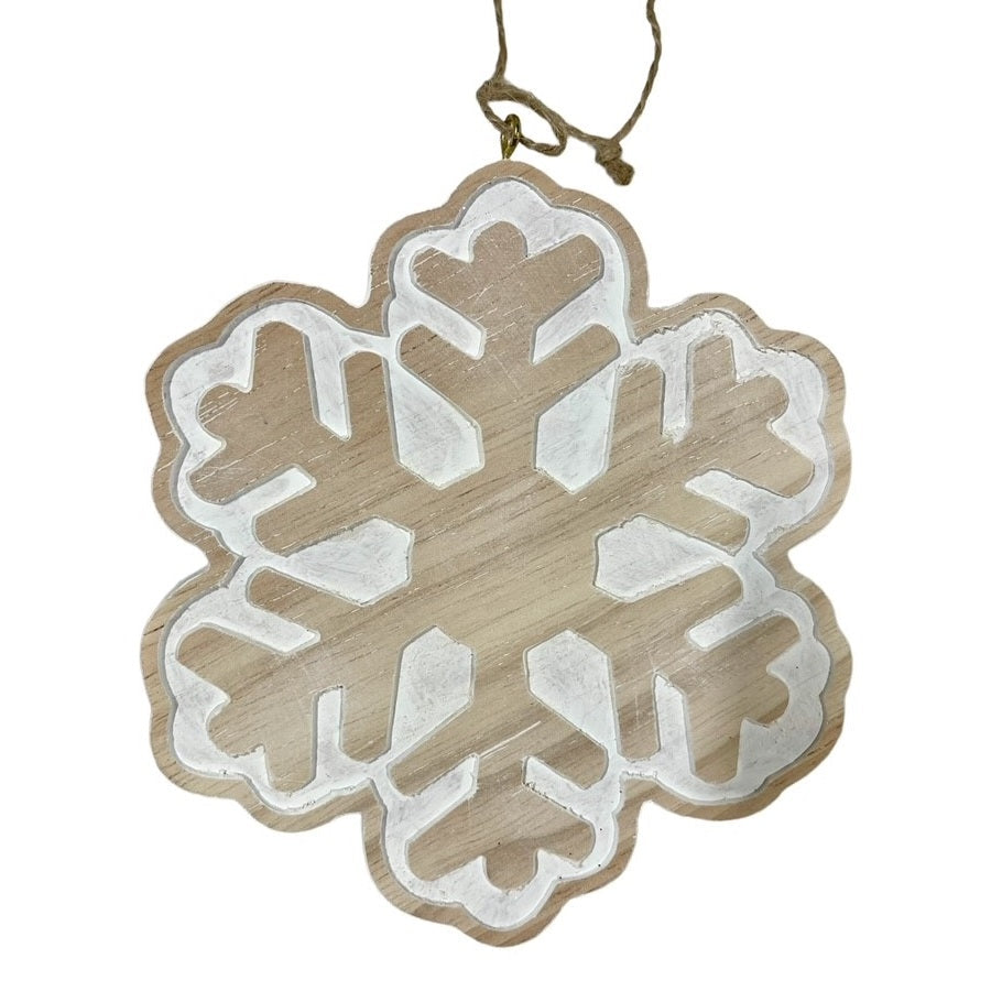6 - 5 ½ " Wood White Washed Snowflake Red and Cream