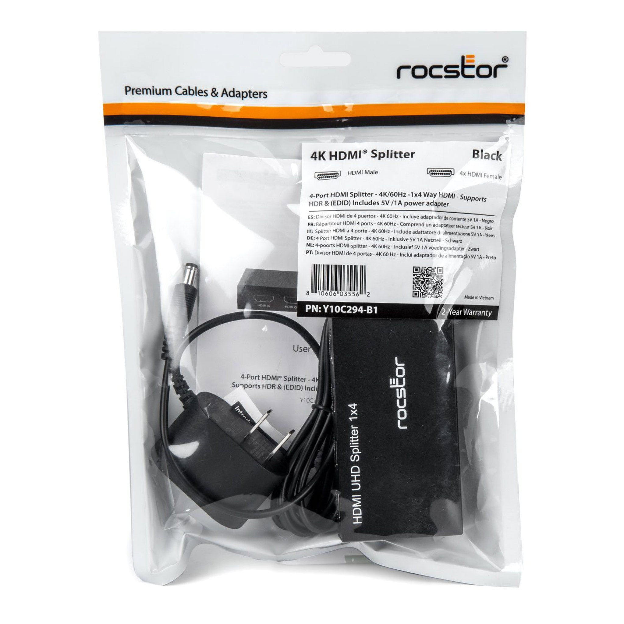 Rocstor Y10C294-B1 4-Port 4K 60Hz Premium HDMI Splitter - Black