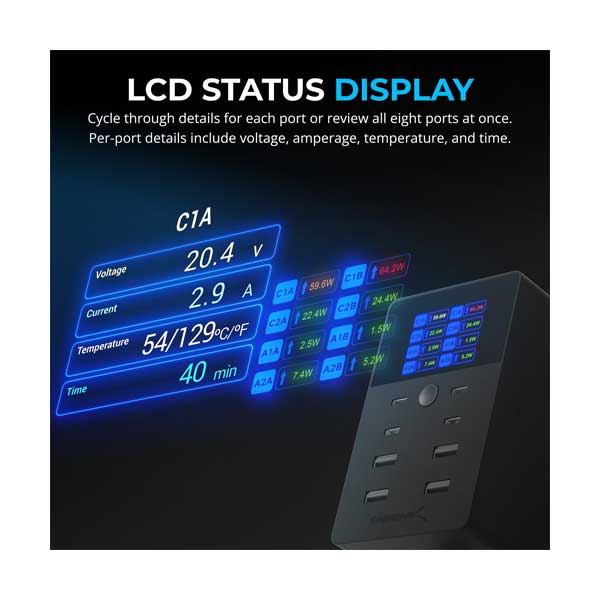 SABRENT 252W 8-Port USB C/A PD 3.0 Fast Charger with LCD Display (AX-8PTC)