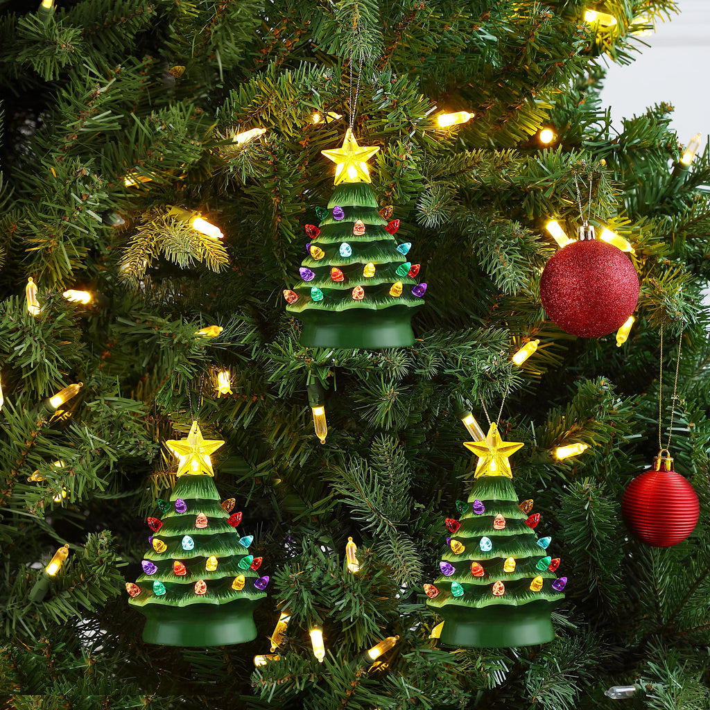 5 in. Set of 3 Nostalgic Ceramic Tree Ornaments - Green