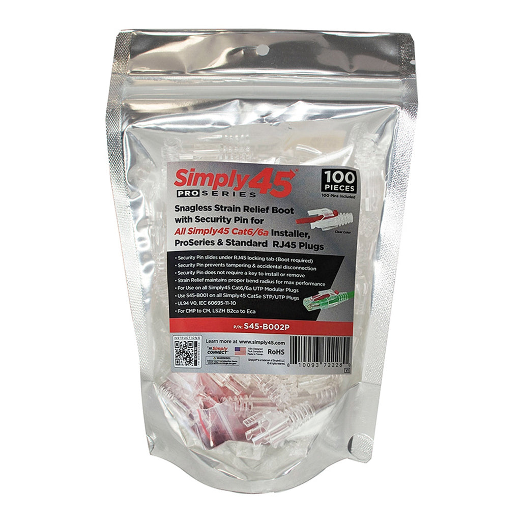 Simply45 S45-B002P PROSeries Cat6/6a Integrated Snagless Clear Strain Reliefs with Red Locking Pin 100-Pack