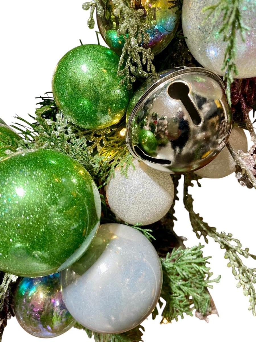 24" Christmas Decorated Wreath Silver Bells- Frosted Moss with Battery Operated Lights