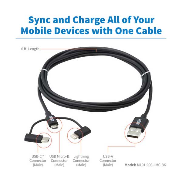 Tripp Lite 6ft (1.8 m) Universal USB-A to Lightning to USB Micro-B and USB-C Sync/Charge Cable (M/3xM) Black (M101-006-LMC-BK)