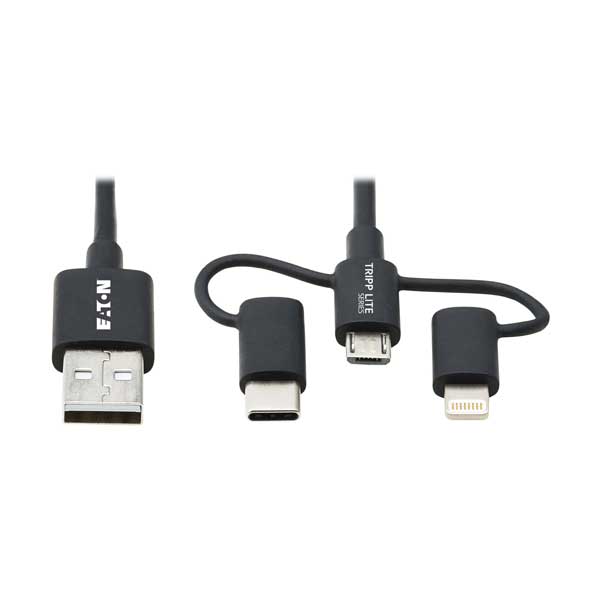 Tripp Lite 6ft (1.8 m) Universal USB-A to Lightning to USB Micro-B and USB-C Sync/Charge Cable (M/3xM) Black (M101-006-LMC-BK)