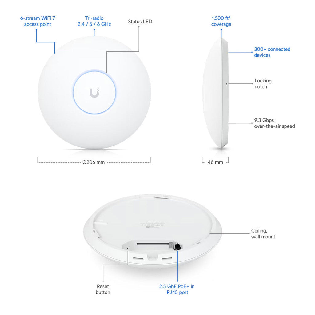 Ubiquiti U7-Pro-US Wi-Fi 7 802.11be Tri-Band U7 Pro Wireless Access Point - Wall/Ceiling Mountable
