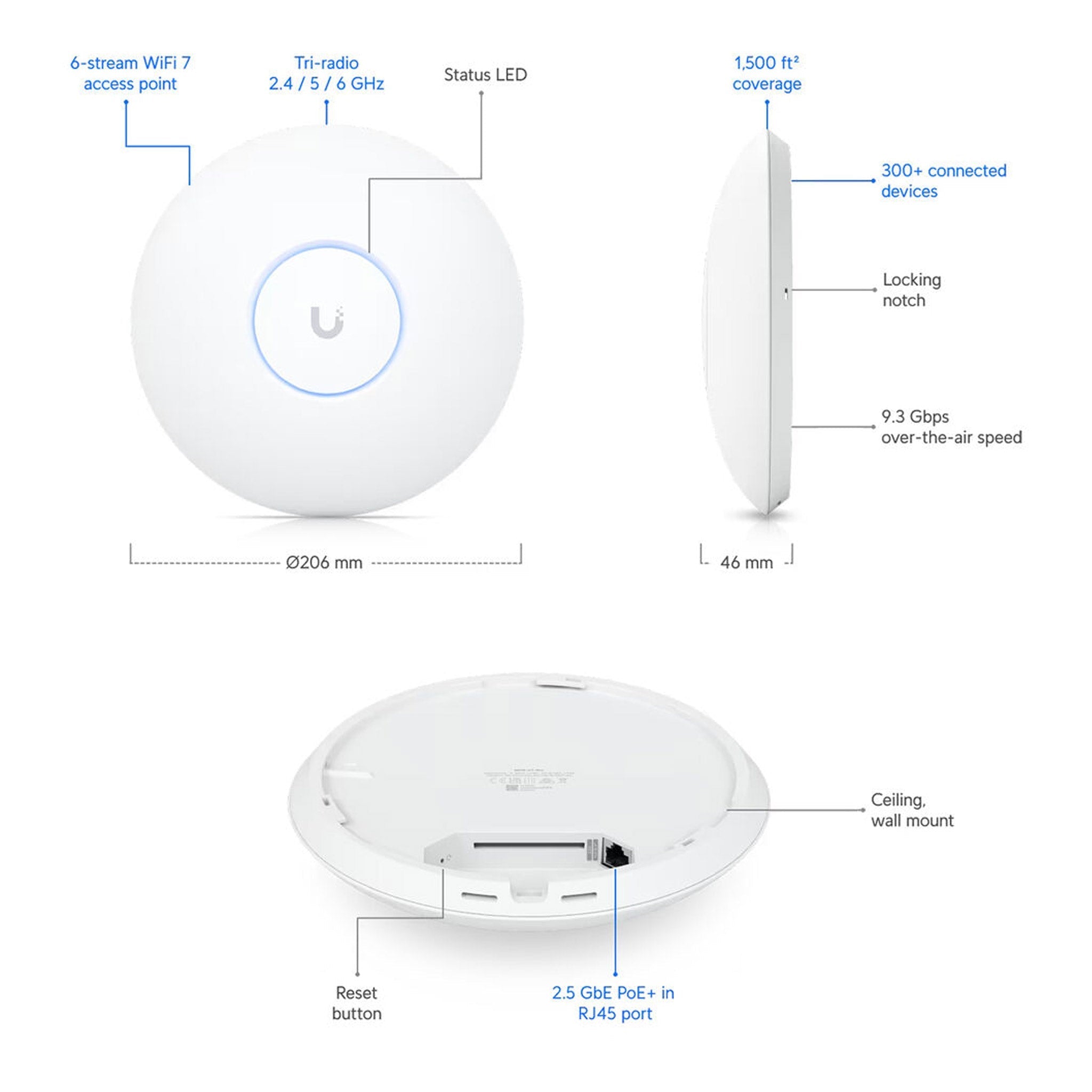 Ubiquiti U7-Pro-US Wi-Fi 7 802.11be Tri-Band U7 Pro Wireless Access Point - Wall/Ceiling Mountable