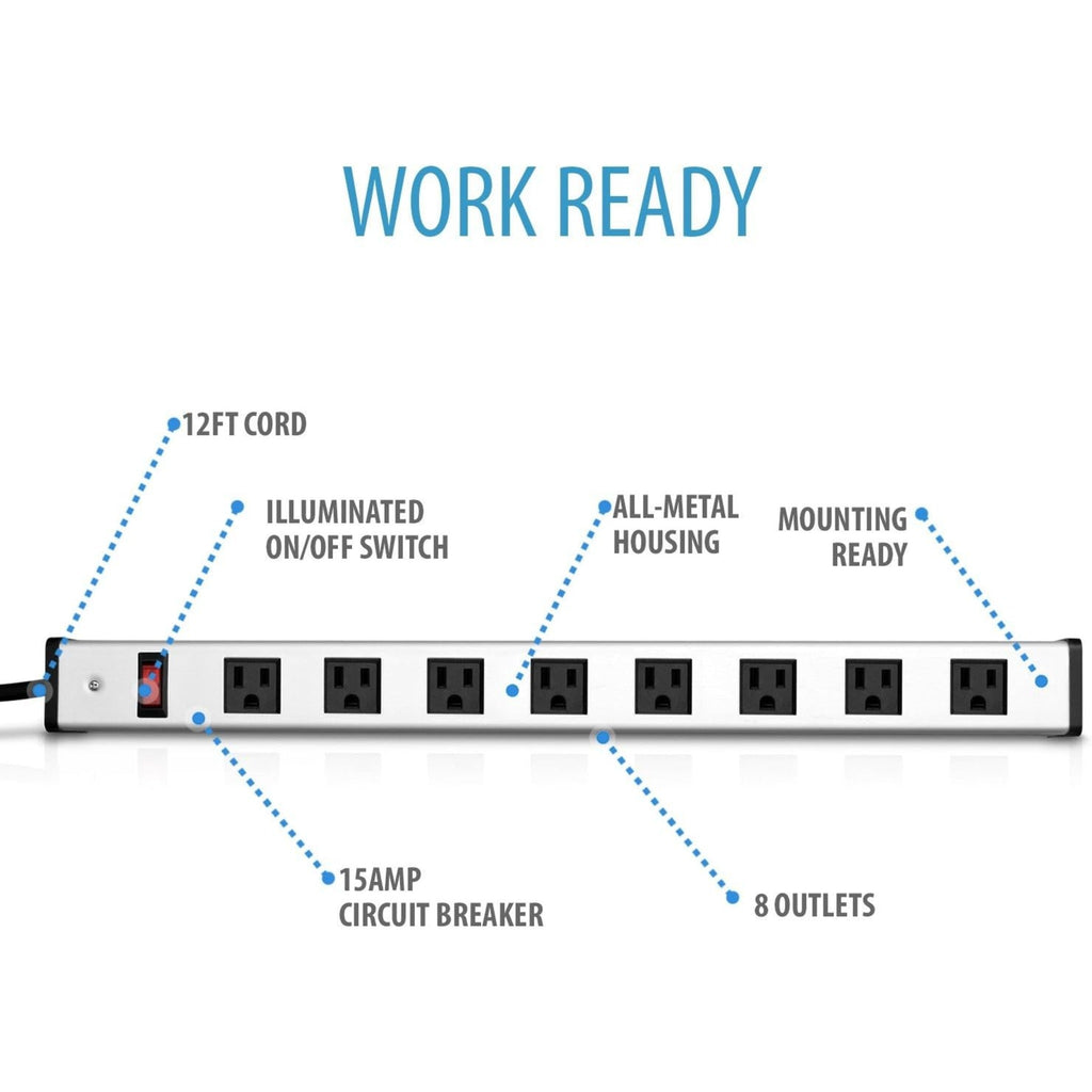 V7 8 Outlet Metal Vertical Power Strip - 15A - 12FT Power Cord
