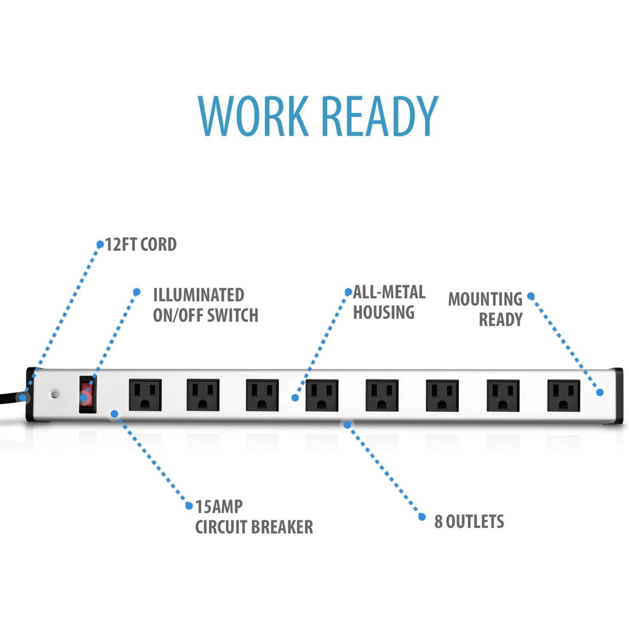 V7 8 Outlet Metal Vertical Power Strip - 15A - 12FT Power Cord