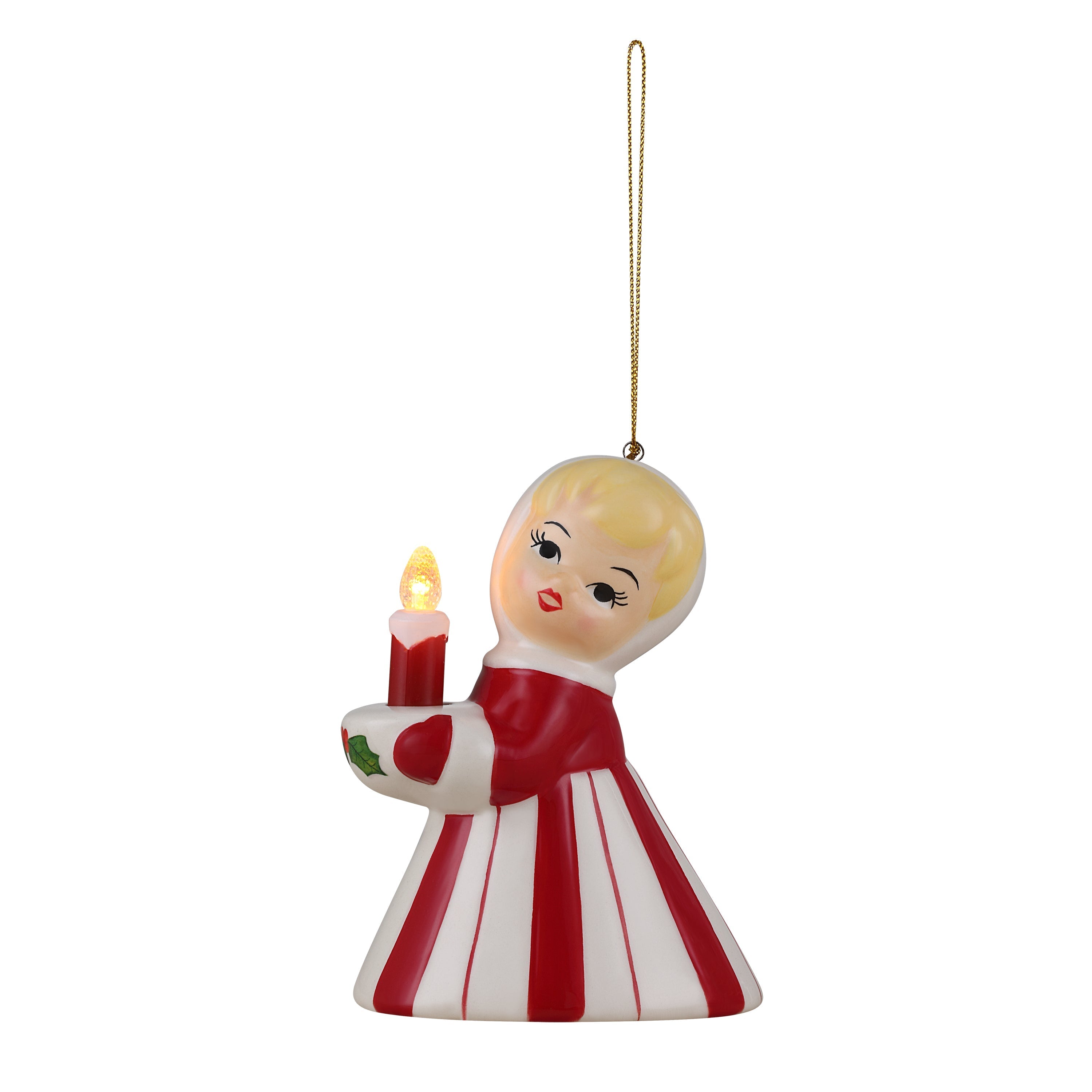 Vintage Christmas Kid Ornament - Candy Cane Girl with Candle