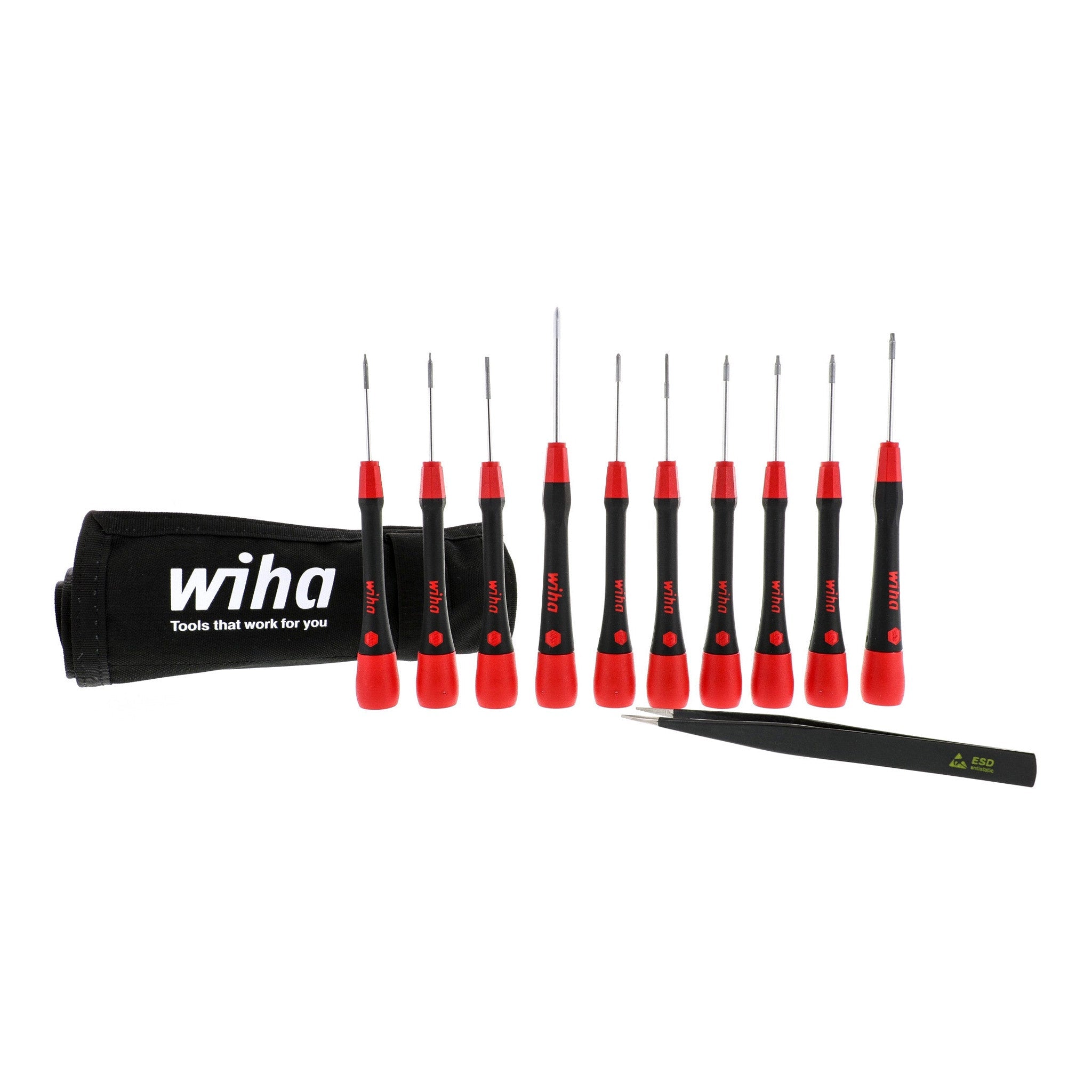 Wiha 26198 11-Piece PicoFinish Precision Screwdriver and Tweezers Smartphone Technician Set with Roll Pouch