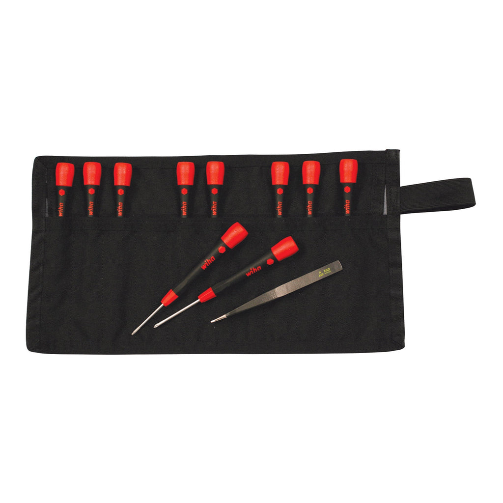 Wiha 26198 11-Piece PicoFinish Precision Screwdriver and Tweezers Smartphone Technician Set with Roll Pouch