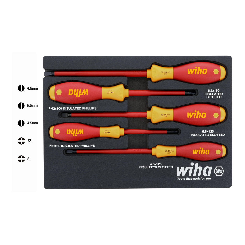 Wiha 32081 5-Piece Insulated SoftFinish Cushion Grip Screwdriver Tray Set