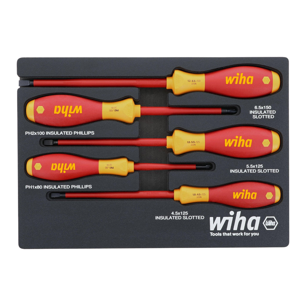 Wiha 32081 5-Piece Insulated SoftFinish Cushion Grip Screwdriver Tray Set