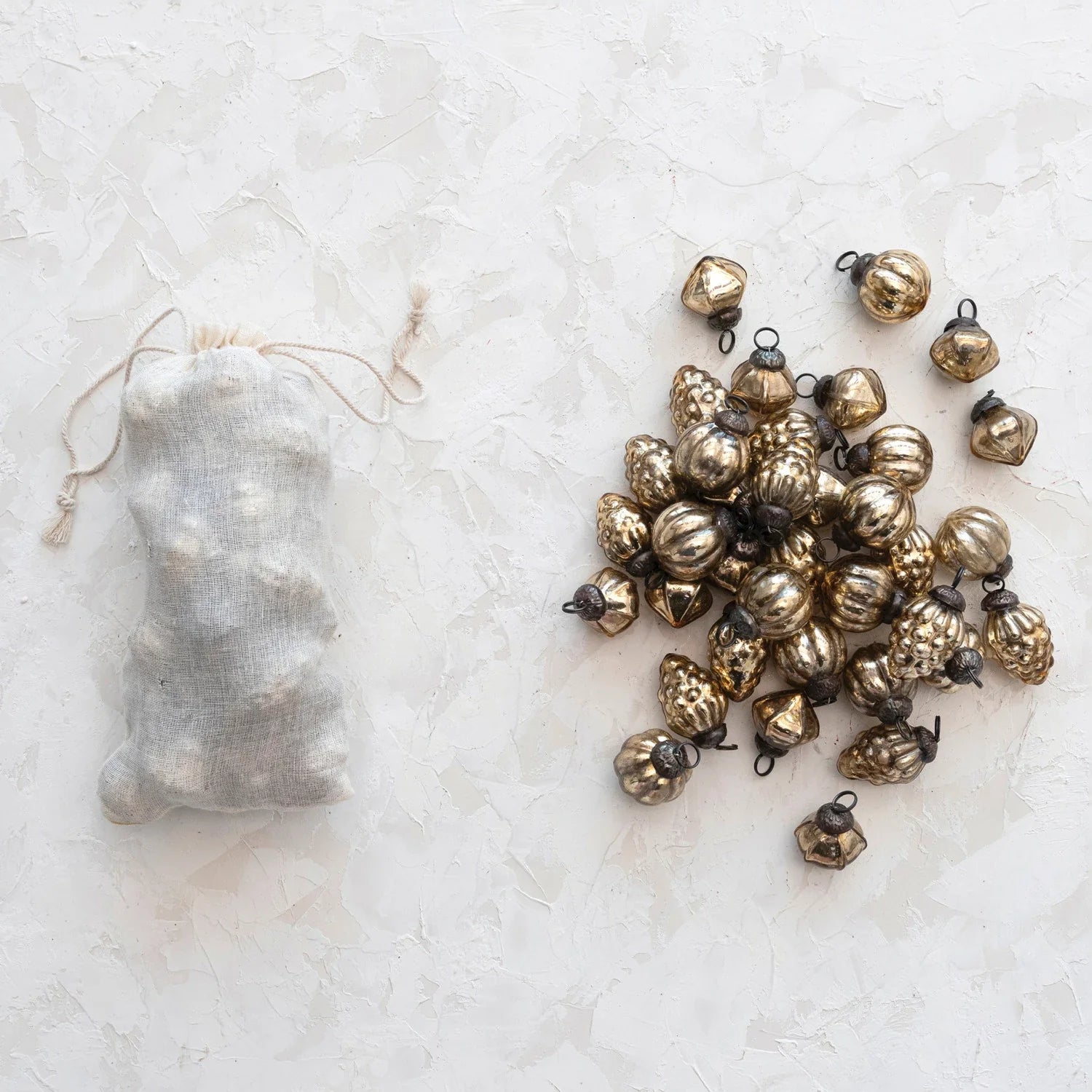 Embossed Mercury Glass Ornaments in Muslin Bag