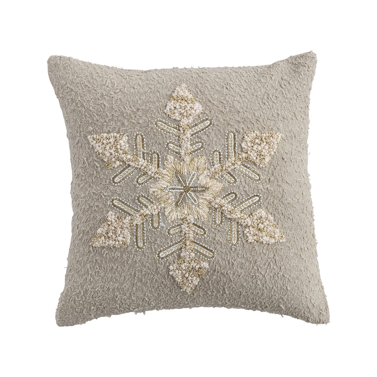 Cotton Slub Pillow with Embroidered Snowflake & Beads