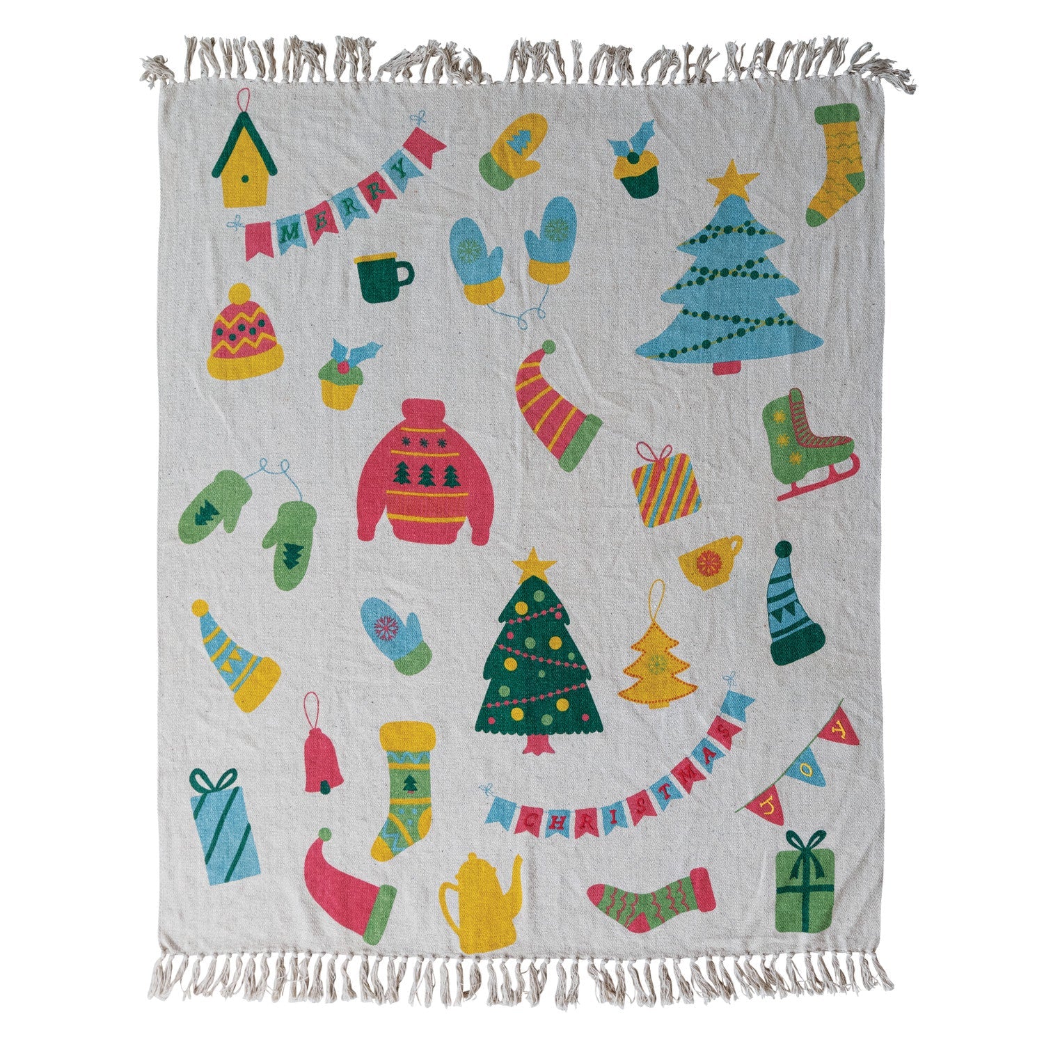 Hand-Woven Recycled Blend Throw with Embroidery & Fringe