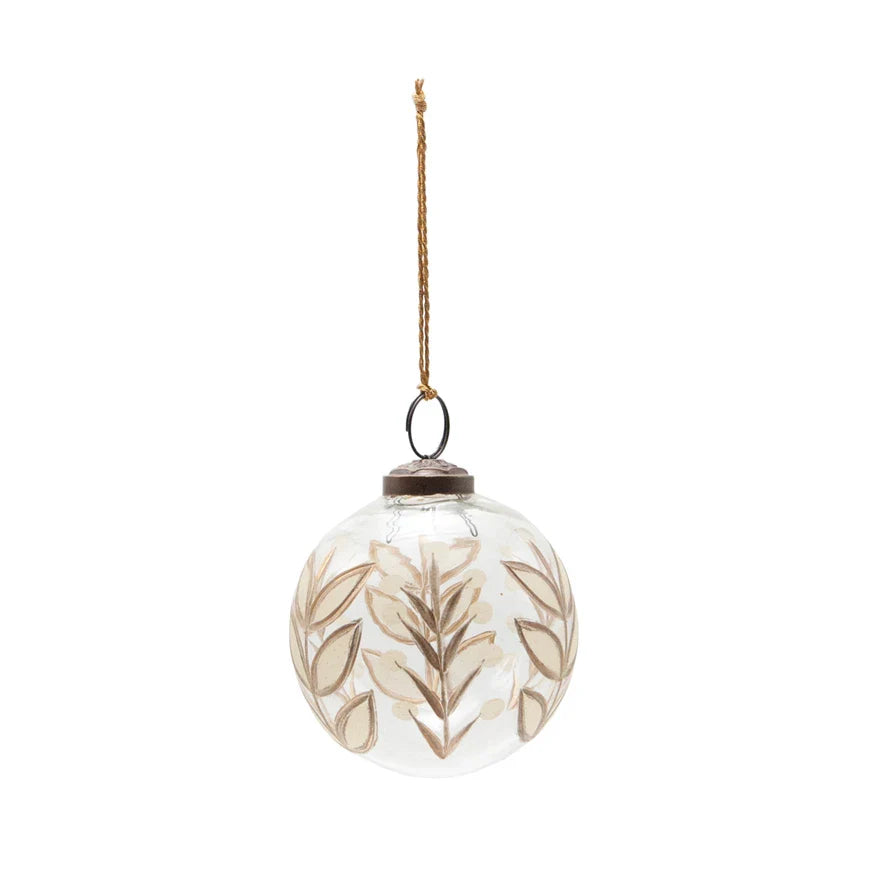 Etched Glass Ball Ornament with Botanicals Design