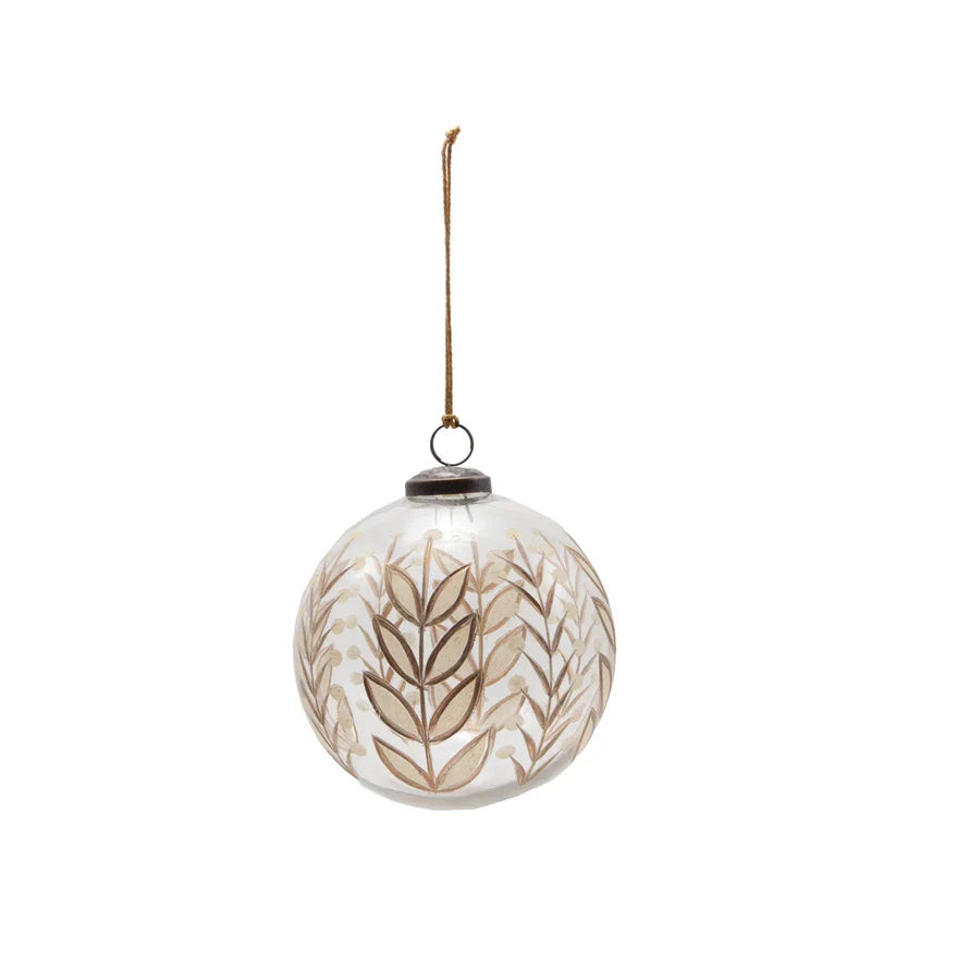 Etched Glass Ball Ornament with Botanicals Design